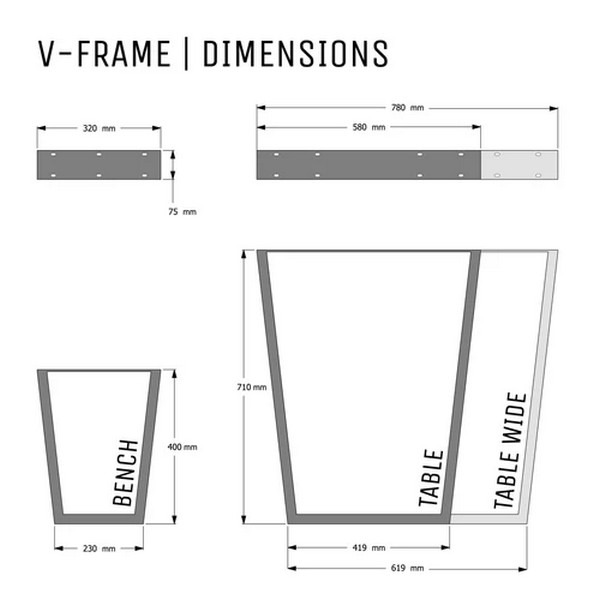 V-Frame Industrial Legs - Dimensions